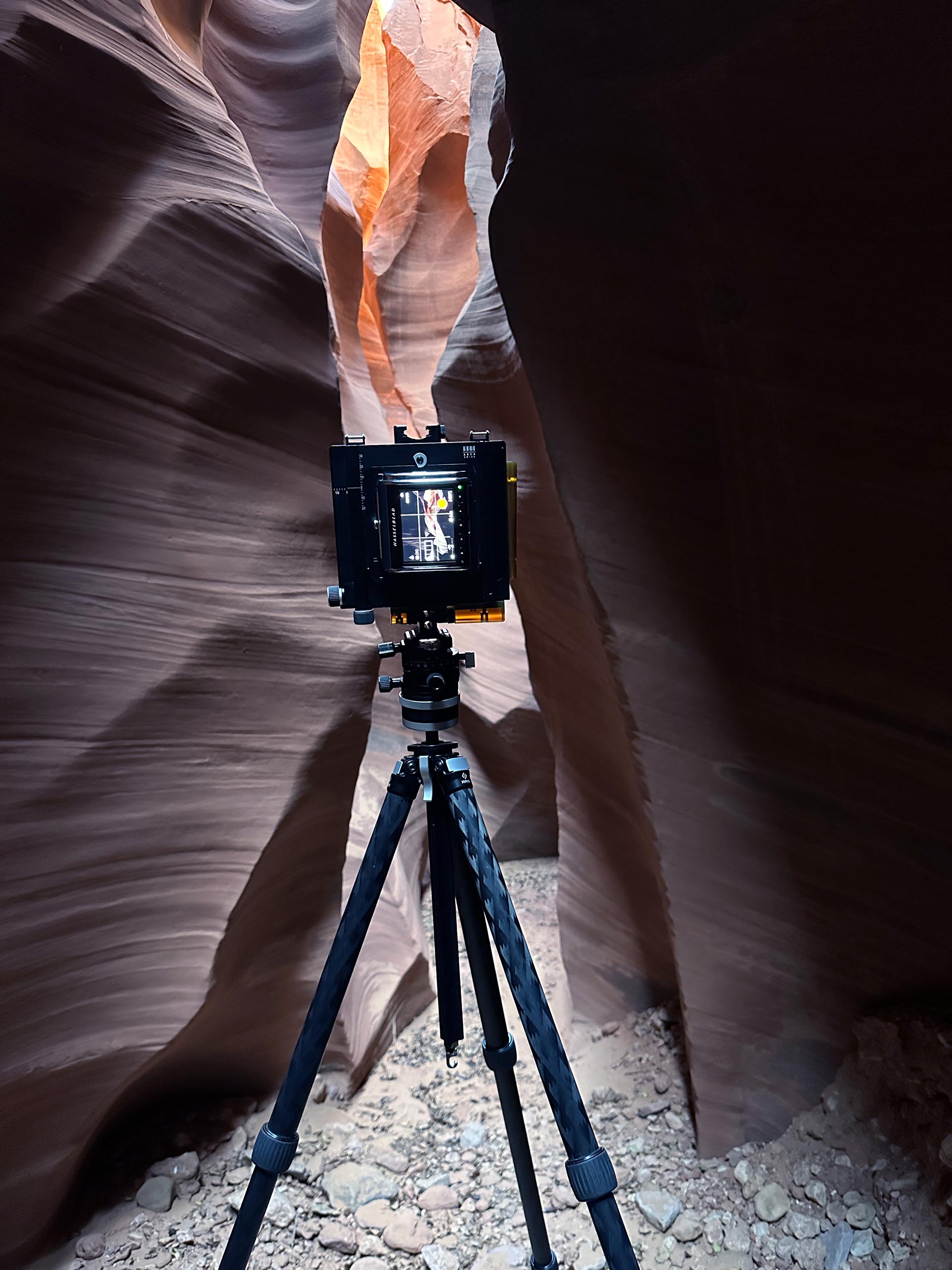 Behind the scenes image of slot canyon with Arca Swiss Rm3di and Hasselblad CFV 100C digital back - Diggles Photography