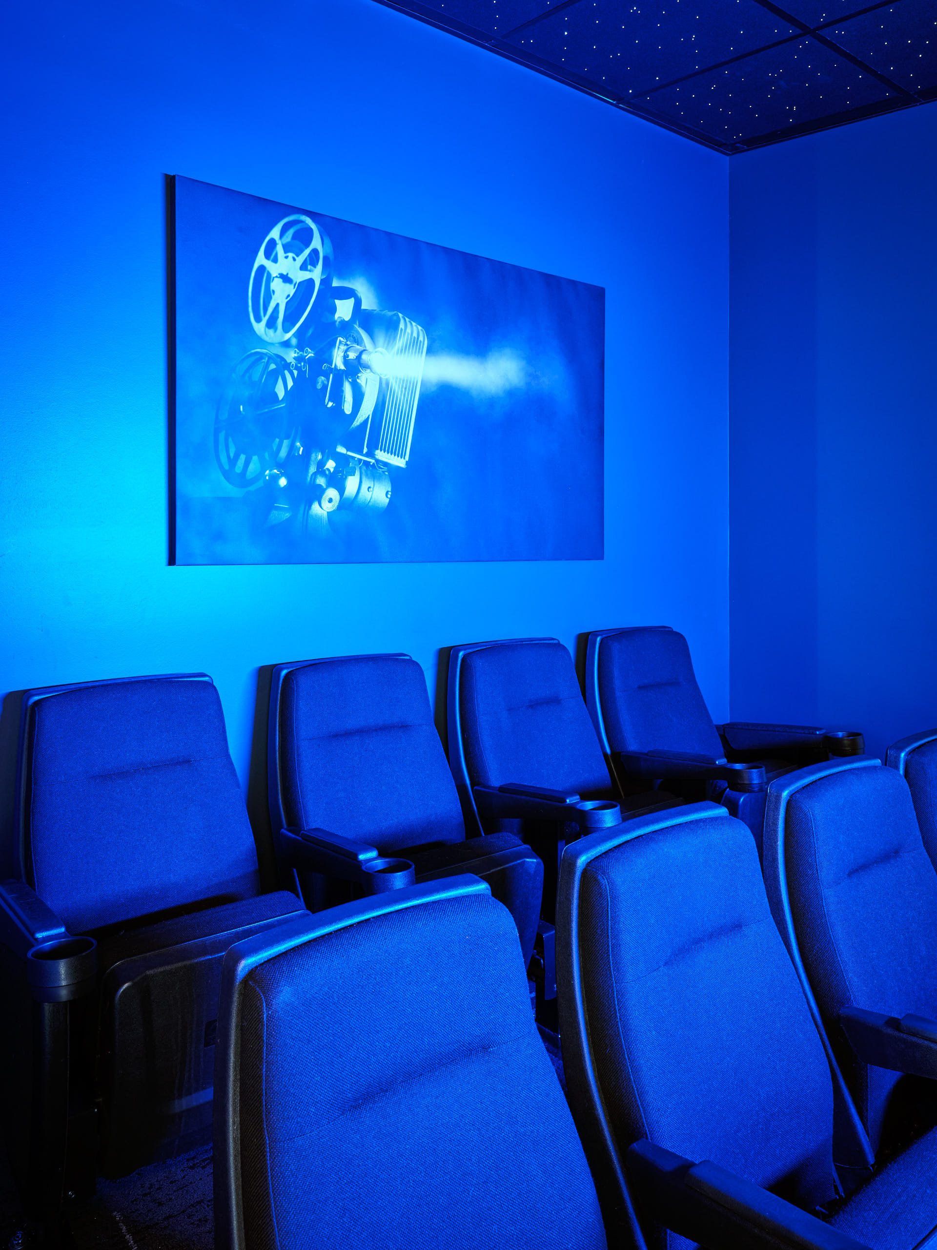 Commercial interior photography by Warren Diggles. 2 point perspective of Richter Orthodontics theater room. Project by Design Ergonomics, VFLA Architects, and Elder Construction.