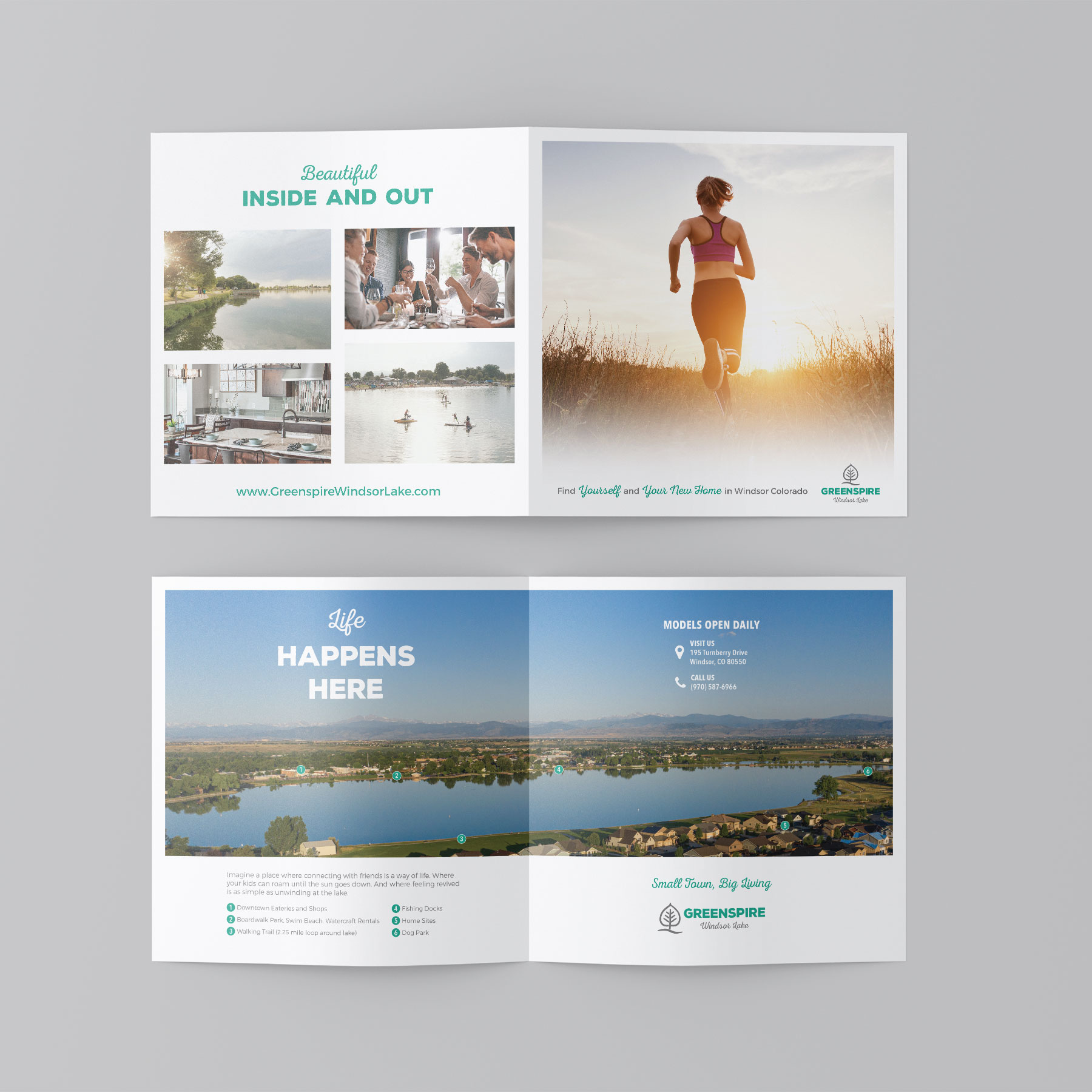 Residential branding photography by Warren Diggles. Brochure for Greenspire at Windsor Lake, a Windmill Homes community.